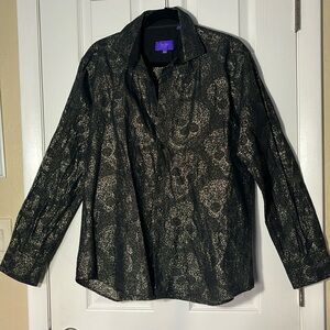 Tallia metallic gold black woven skull long sleeve point collar goth LG 16.5